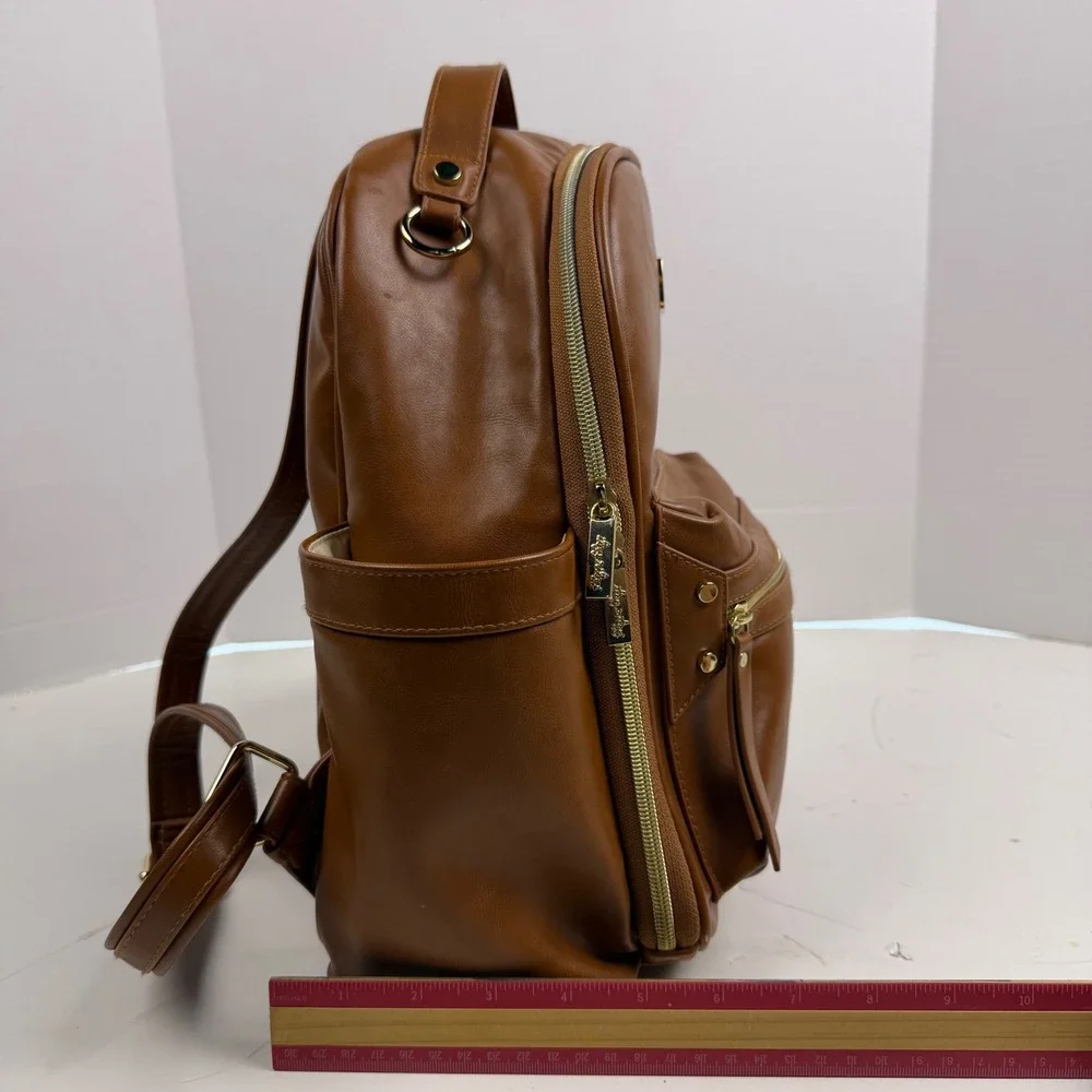 Itzy Ritzy Boss Backpack Diaper Bag Cognac Brown Vegan Leather Gold Hardware